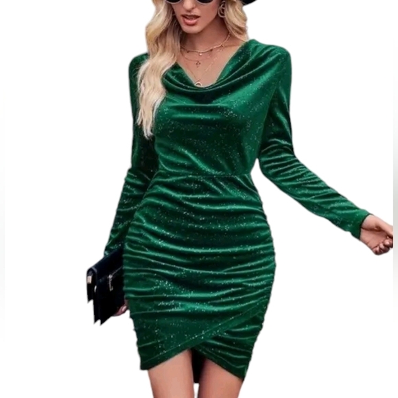 Green Glitter Draped Collar Long Sleeve Ruched Bodycon Mini Dress - Picture 1 of 13